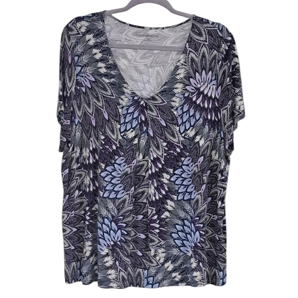 Croft & Barrow Women's Feather Print V-Neck Short Sleeve Top Plus Size 1X - Picture 1 of 9